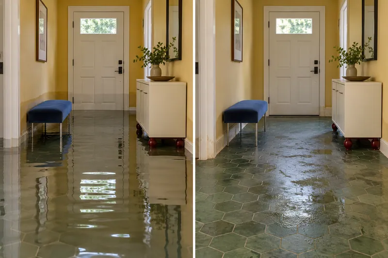 Water Extraction Near Ernie Roberts Park — comparison of pooled water and a damp floor after extraction