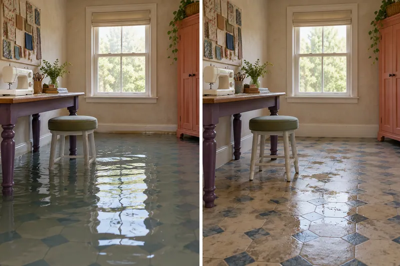 Water Extraction Near Briarwood Park — comparison of pooled water and a damp floor after extraction