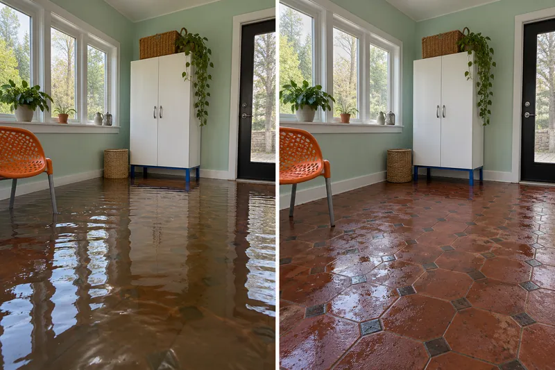 Water Extraction in DeSoto — pooled water and damp floor after bulk pickup